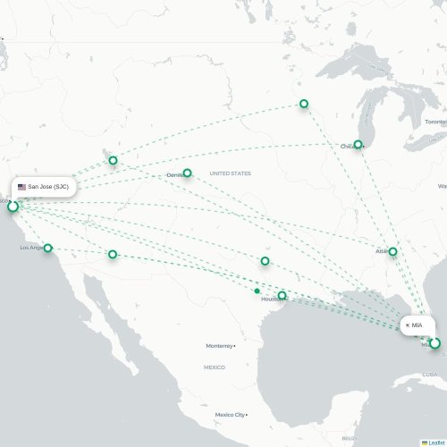 Miami - San Jose kort over direkte fly