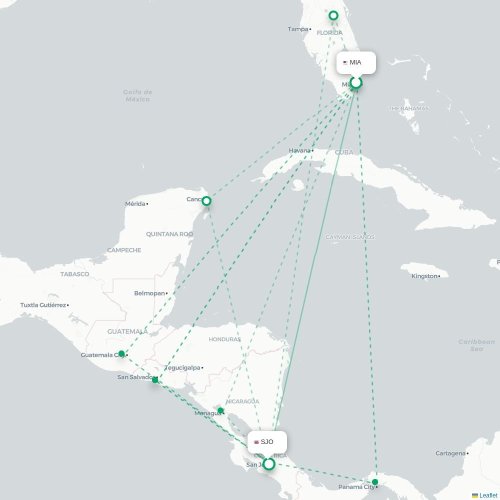 Mapa de vuelo directo Miami - San José