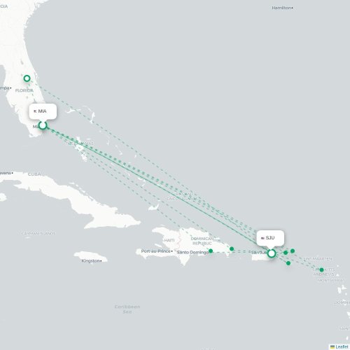 Mapa de vuelo directo Miami - San Juan