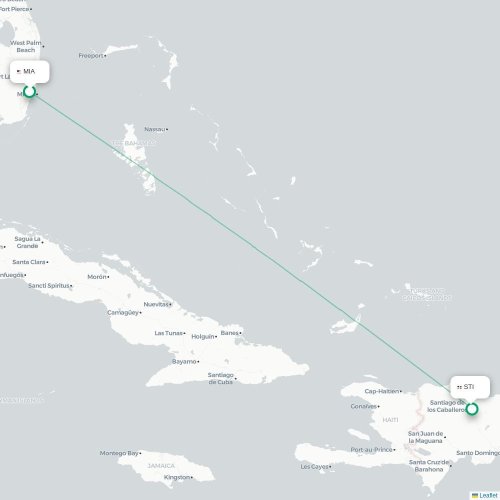 Mapa lotu bezpośredniego Miami – Santiago de los Caballeros