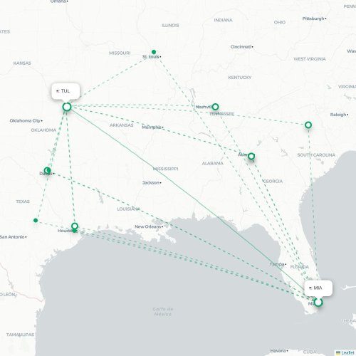 Miami - Tulsa kaart van rechtstreekse vlucht
