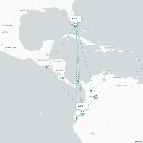 Mapa de vuelo directo Miami - Quito