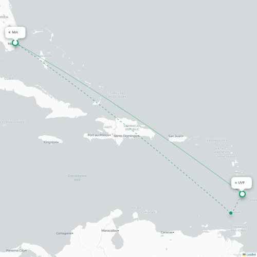 Mapa de vuelo directo Miami - Castries