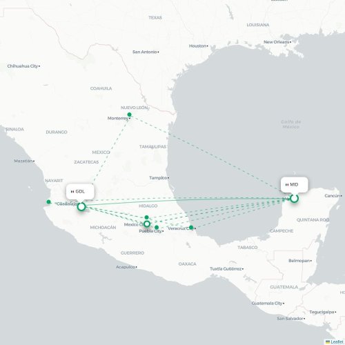 Mérida - Guadalajara kort over direkte fly
