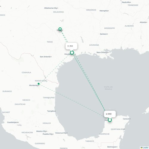 Mérida - Houston kaart van rechtstreekse vlucht