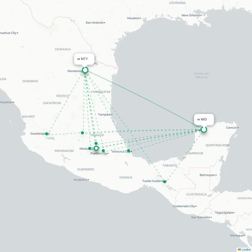 Mérida - Monterrey kort over direkte fly