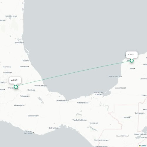 Mapa de vuelo directo Mérida - Puebla de Zaragoza