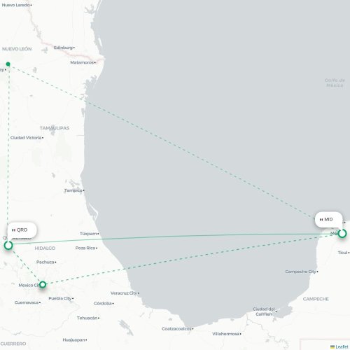 Mapa de vuelo directo Mérida - Santiago de Querétaro