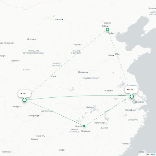 Mapa lotu bezpośredniego Mianyang – Changzhou
