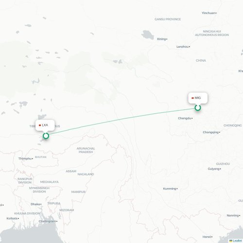 Mapa lotu bezpośredniego Mianyang – Lhasa