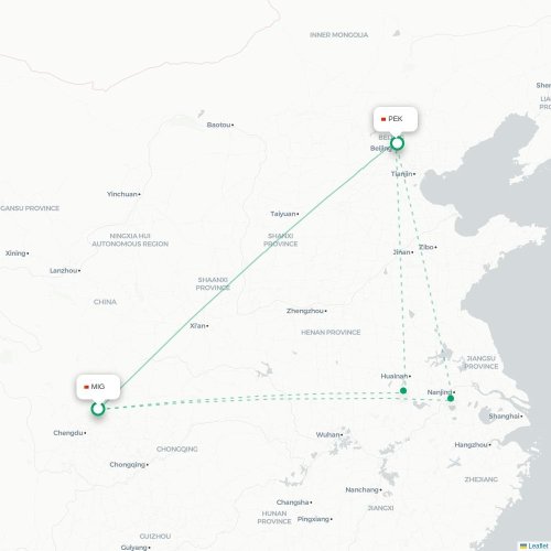 Mapa lotu bezpośredniego Mianyang – Pekin