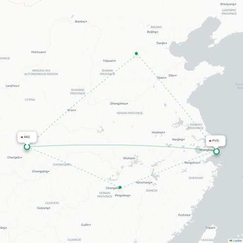 Mapa lotu bezpośredniego Mianyang – Szanghaj