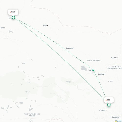 Mapa lotu bezpośredniego Mianyang – Urumczi