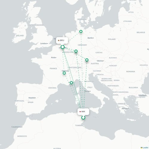Mapa lotu bezpośredniego Monastyr – Bruksela