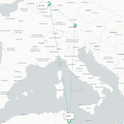Mapa lotu bezpośredniego Monastyr – Kolonia