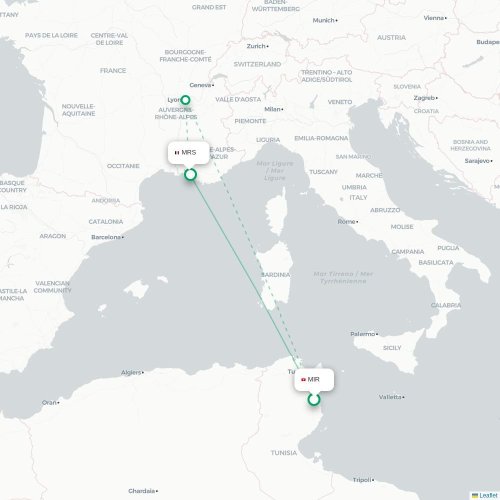 Mapa lotu bezpośredniego Monastyr – Marsylia