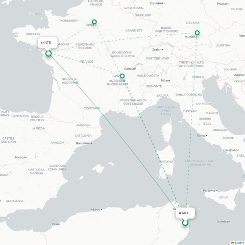 Mapa lotu bezpośredniego Monastyr – Nantes
