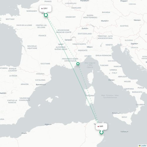 Mapa lotu bezpośredniego Monastyr – Paryż