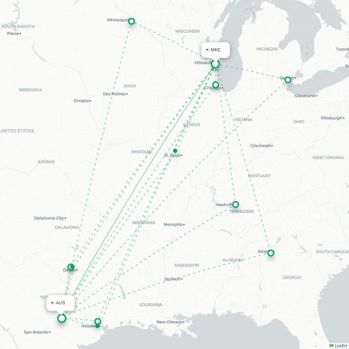 Milwaukee - Austin kort over direkte fly