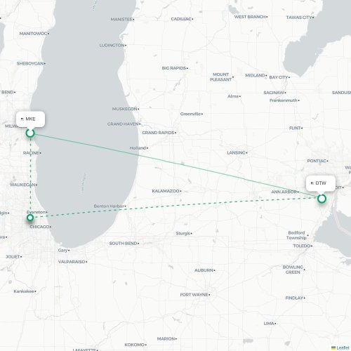 Milwaukee - Detroit kort over direkte fly