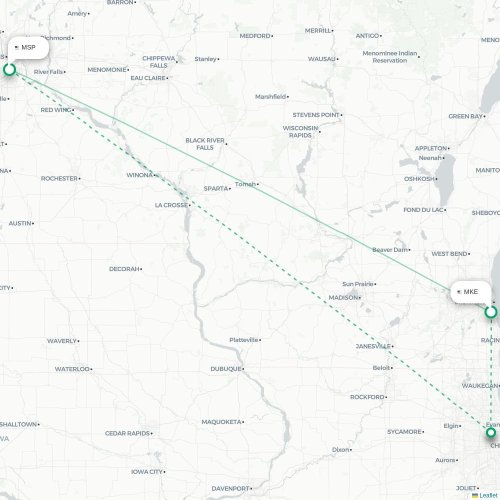 Milwaukee - Minneapolis kort over direkte fly