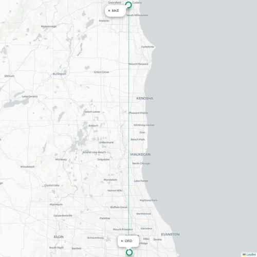 Milwaukee - Chicago kort over direkte fly