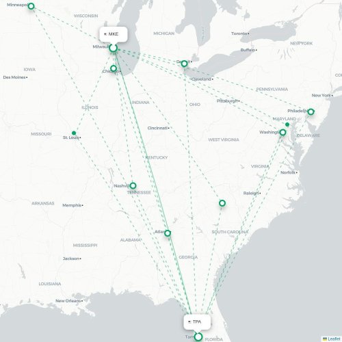Milwaukee - Tampa kort over direkte fly
