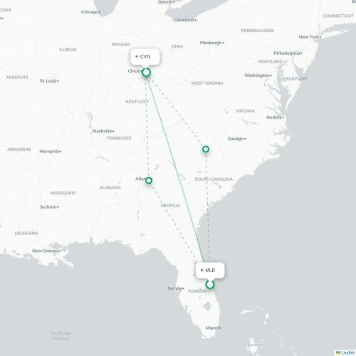 Mapa de vuelo directo Melbourne - Cincinnati
