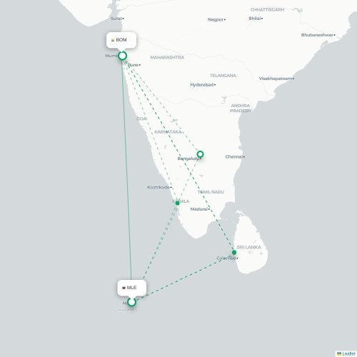 Mapa de vuelo directo Malé - Bombay
