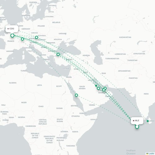 Mapa de vuelo directo Malé - París