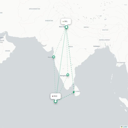 Mapa de vuelo directo Malé - Nueva Delhi