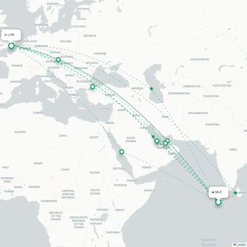 Mapa de vuelo directo Malé - Londres
