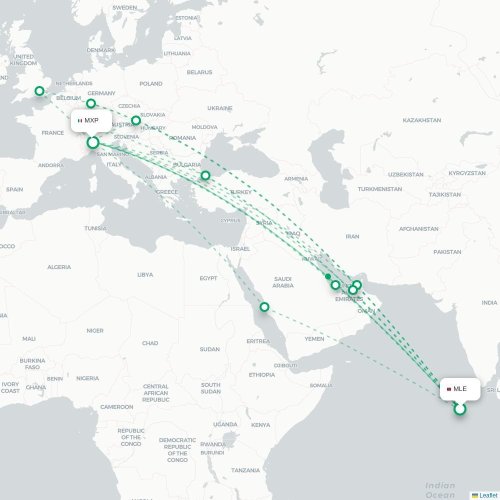 Mapa de vuelo directo Malé - Milán