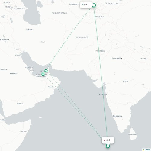 Mapa de vuelo directo Malé - Taskent