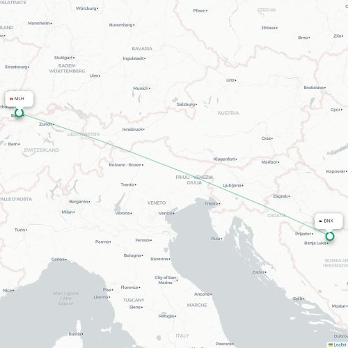 Mapa de vuelo directo Mulhouse - Bania Luka