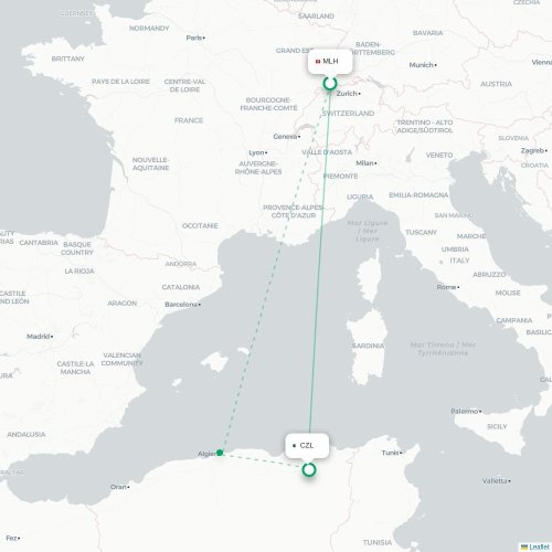 Mapa de vuelo directo Mulhouse - Constantine