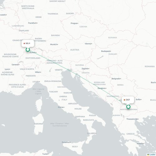 Mapa de vuelo directo Mulhouse - Skopje