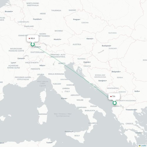Mapa de vuelo directo Mulhouse - Tirana