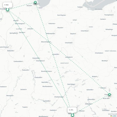 Mapa lotu bezpośredniego Moline – Atlanta