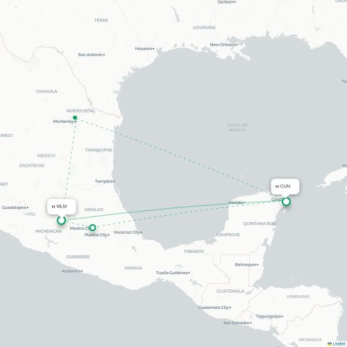 Morelia - Cancún kort over direkte fly