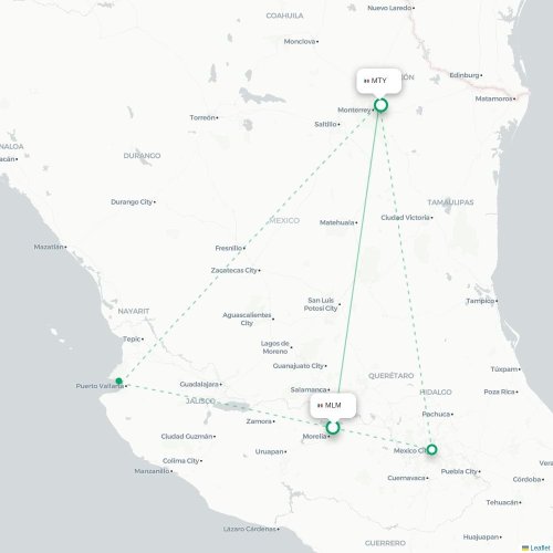 Morelia - Monterrey kort over direkte fly