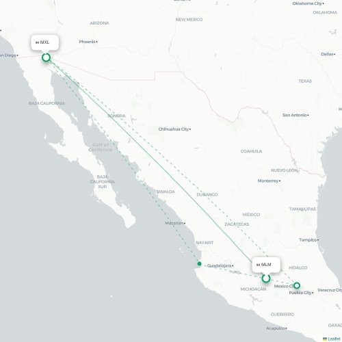 Mapa de vuelo directo Morelia - Mexicali