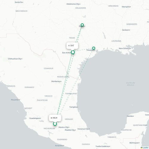 Morelia - San Antonio kort over direkte fly