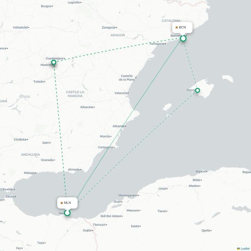 Mapa de vuelo directo Melilla - Barcelona