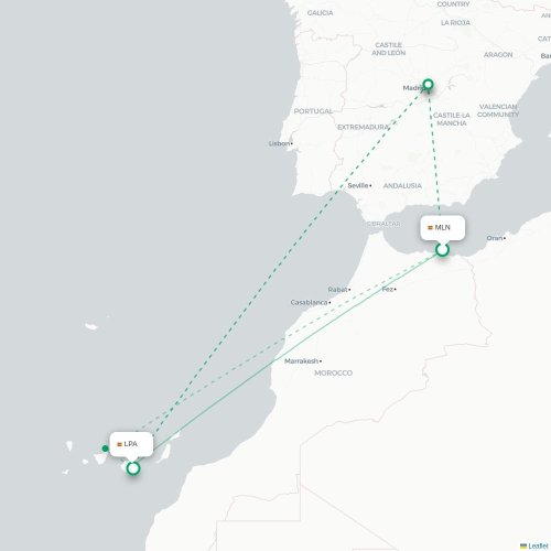 Mapa de vuelo directo Melilla - Las Palmas de Gran Canaria