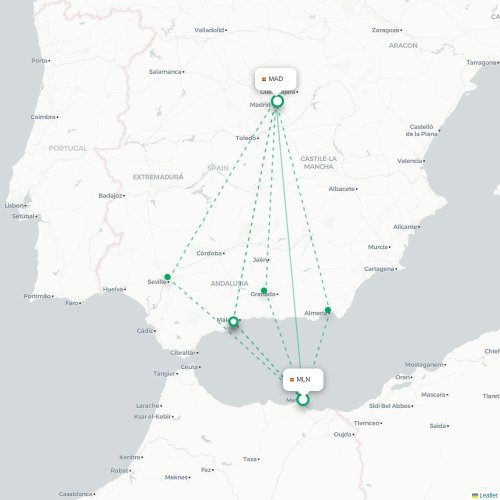 Mapa de vuelo directo Melilla - Madrid