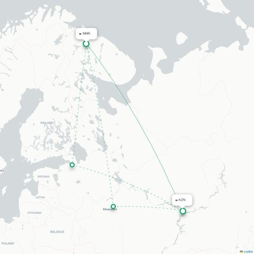 Mapa de vuelo directo Múrmansk - Kazán