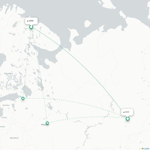 Mapa de vuelo directo Múrmansk - Ekaterinburgo