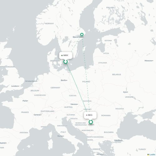 Mapa de vuelo directo Malmo - Belgrado
