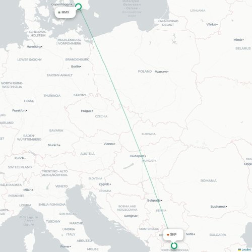 Malmö - Skopje karta över direktflyg